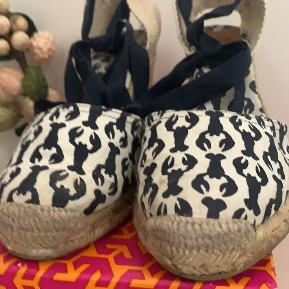 TORY BURCH HIGH WEDGE ESPADRILLE MED‎ NAVY LOBSTER SIZE 10